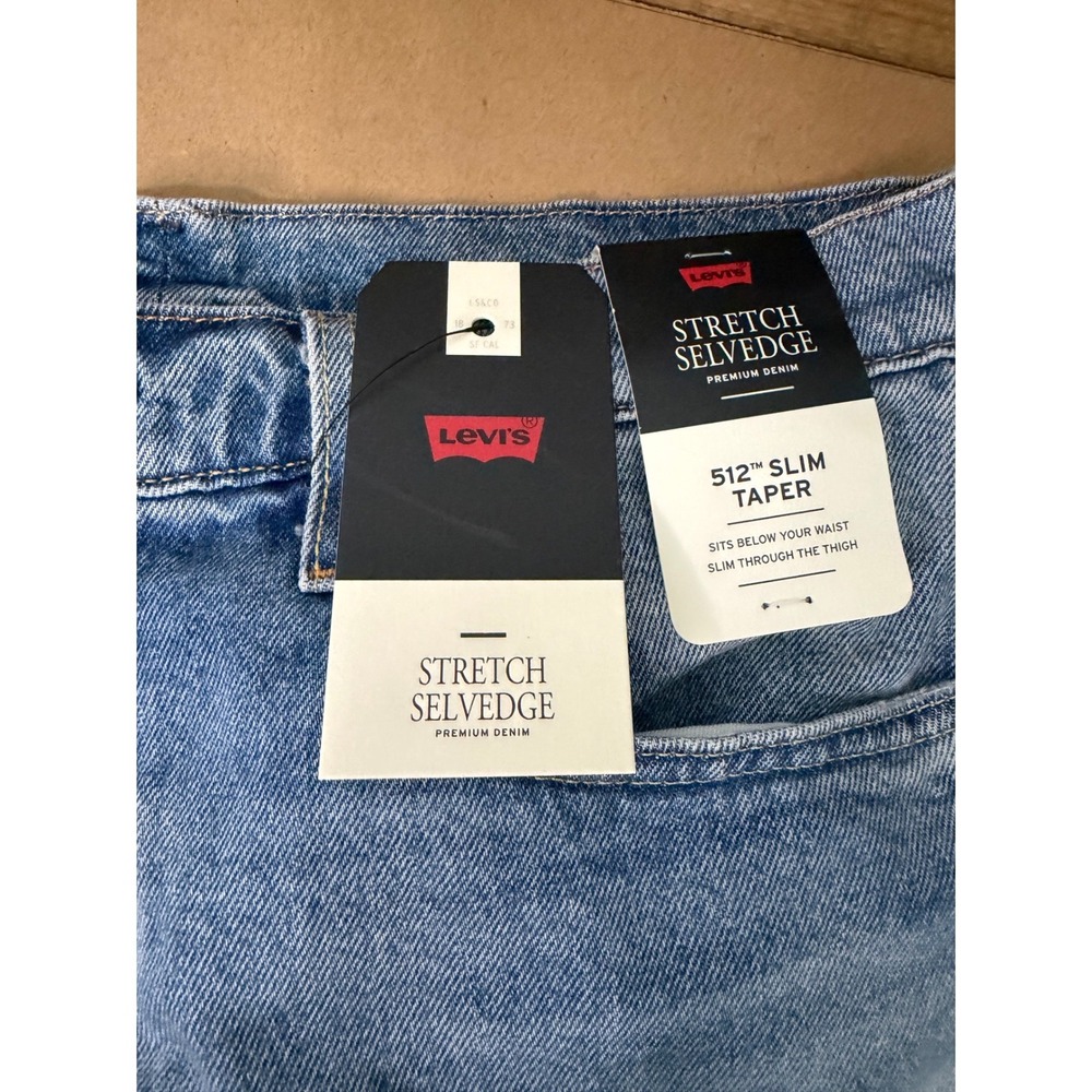 Levis 512 Slim Taper Stretch Selvedge Jeans Mens 33x34 Light Wash Blue Premium - Picture 2 of 9